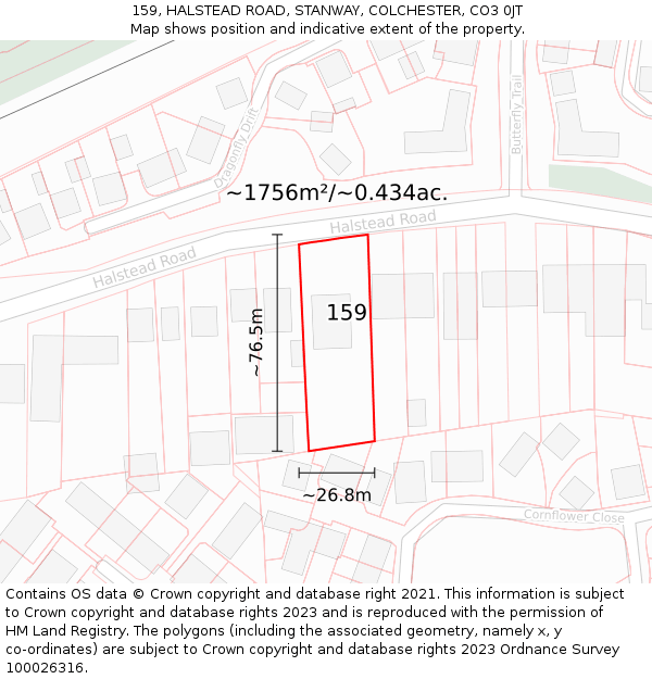 159, HALSTEAD ROAD, STANWAY, COLCHESTER, CO3 0JT: Plot and title map