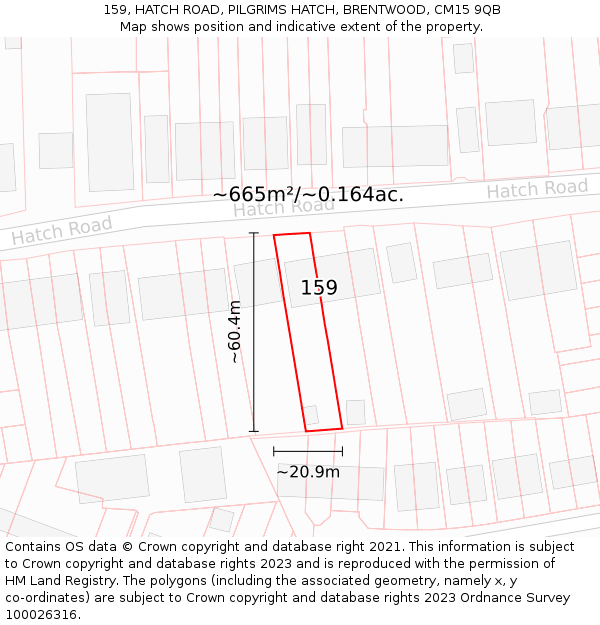 159, HATCH ROAD, PILGRIMS HATCH, BRENTWOOD, CM15 9QB: Plot and title map