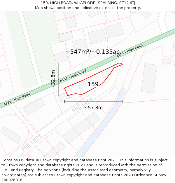 159, HIGH ROAD, WHAPLODE, SPALDING, PE12 6TJ: Plot and title map