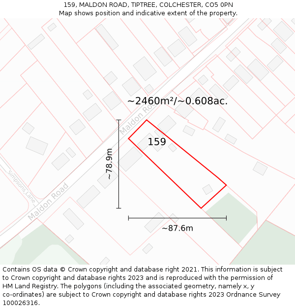 159, MALDON ROAD, TIPTREE, COLCHESTER, CO5 0PN: Plot and title map