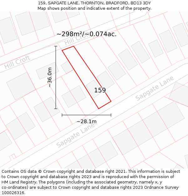 159, SAPGATE LANE, THORNTON, BRADFORD, BD13 3DY: Plot and title map