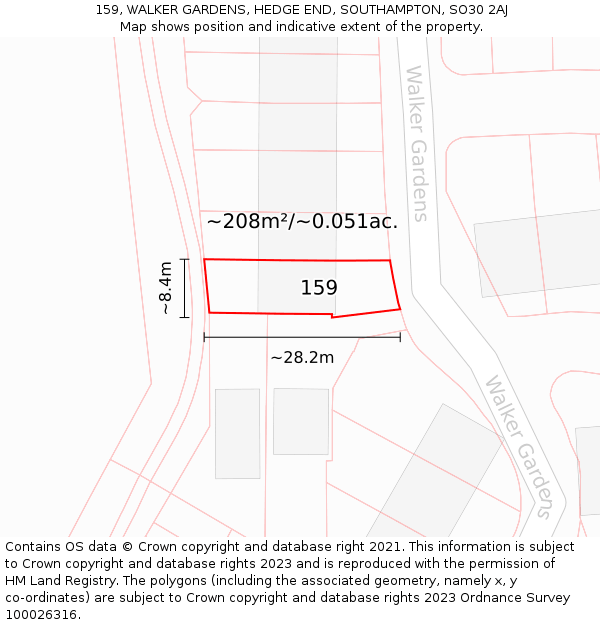 159, WALKER GARDENS, HEDGE END, SOUTHAMPTON, SO30 2AJ: Plot and title map