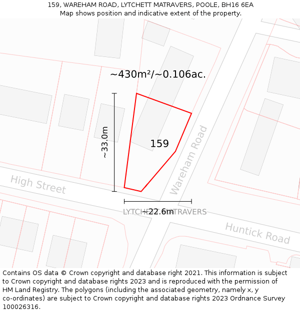 159, WAREHAM ROAD, LYTCHETT MATRAVERS, POOLE, BH16 6EA: Plot and title map