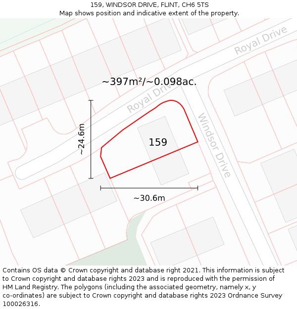 159, WINDSOR DRIVE, FLINT, CH6 5TS: Plot and title map