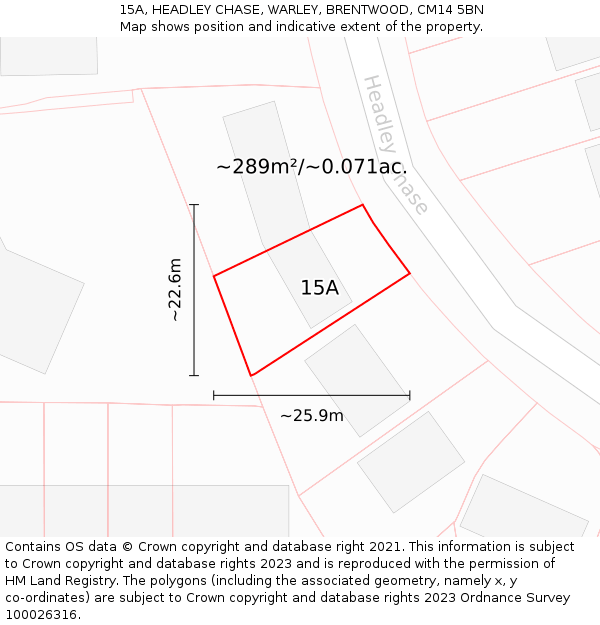 15A, HEADLEY CHASE, WARLEY, BRENTWOOD, CM14 5BN: Plot and title map