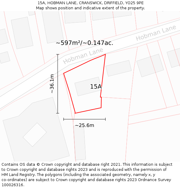 15A, HOBMAN LANE, CRANSWICK, DRIFFIELD, YO25 9PE: Plot and title map