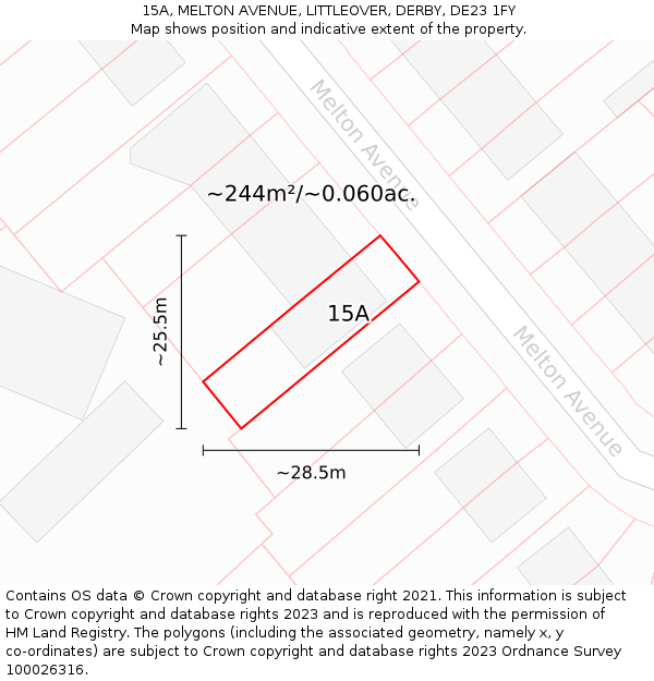 15A, MELTON AVENUE, LITTLEOVER, DERBY, DE23 1FY: Plot and title map
