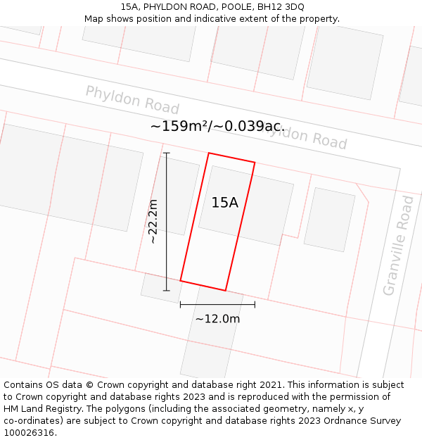 15A, PHYLDON ROAD, POOLE, BH12 3DQ: Plot and title map