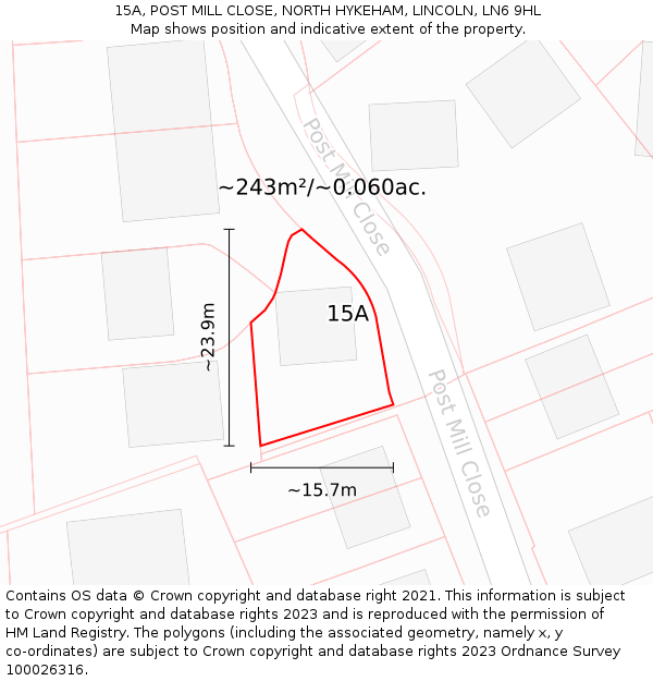15A, POST MILL CLOSE, NORTH HYKEHAM, LINCOLN, LN6 9HL: Plot and title map
