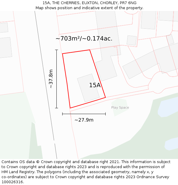 15A, THE CHERRIES, EUXTON, CHORLEY, PR7 6NG: Plot and title map