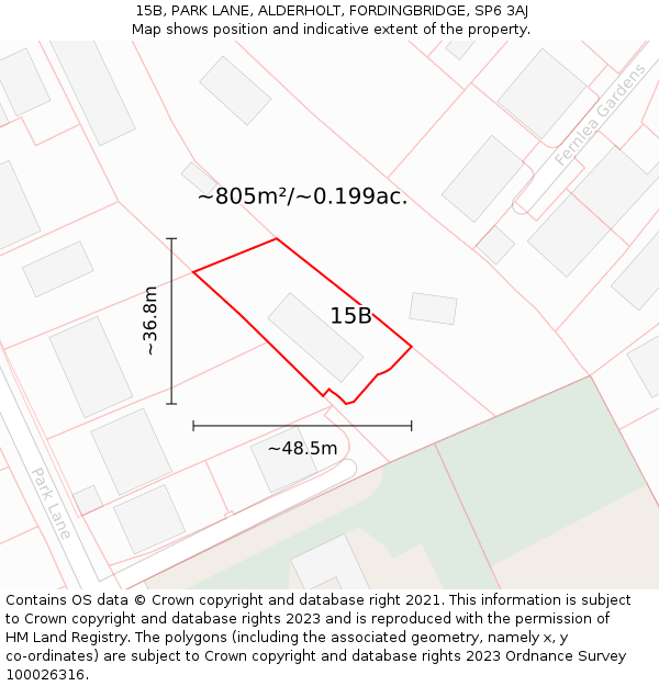 15B, PARK LANE, ALDERHOLT, FORDINGBRIDGE, SP6 3AJ: Plot and title map
