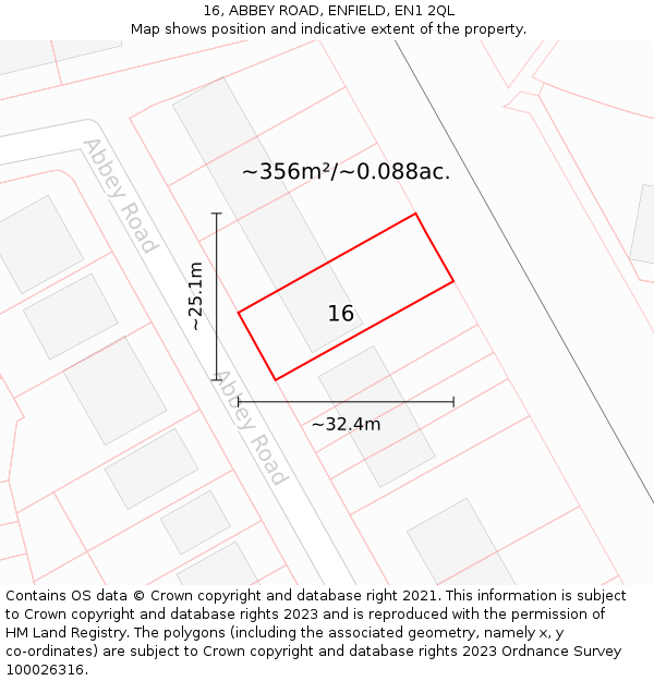 16, ABBEY ROAD, ENFIELD, EN1 2QL: Plot and title map