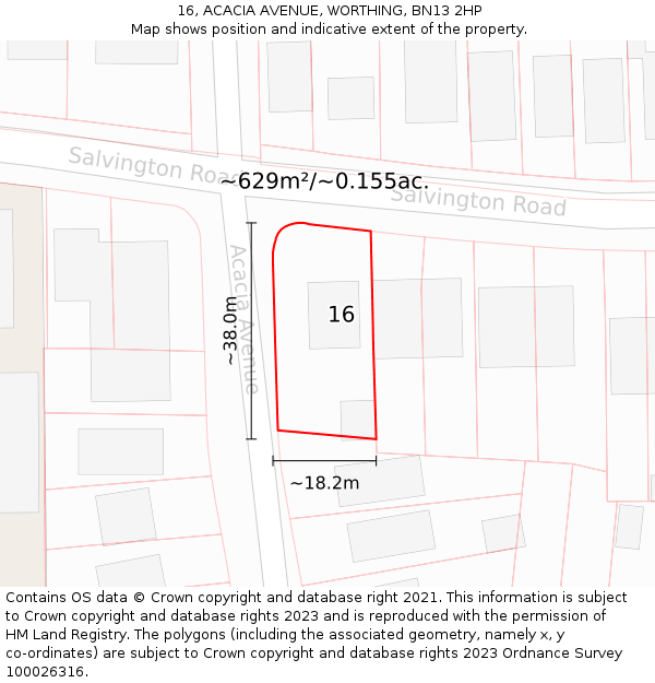 16, ACACIA AVENUE, WORTHING, BN13 2HP: Plot and title map