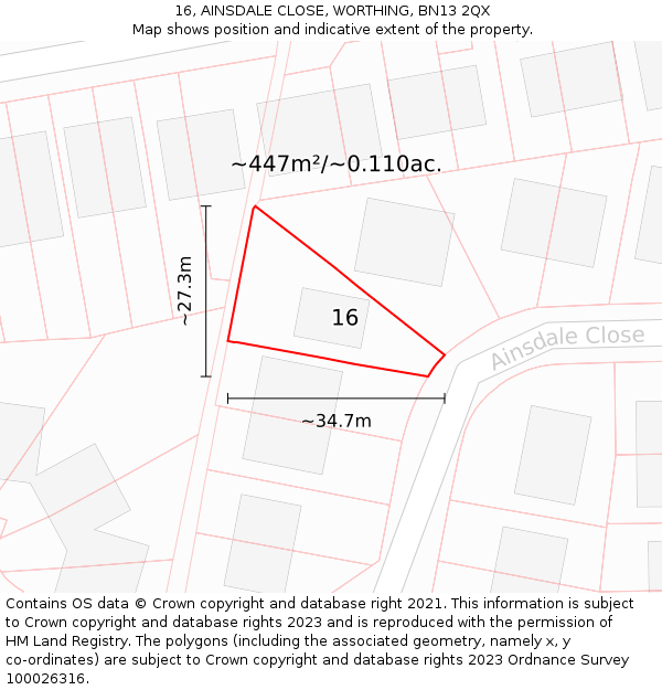 16, AINSDALE CLOSE, WORTHING, BN13 2QX: Plot and title map