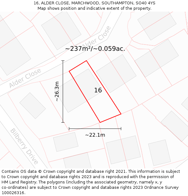 16, ALDER CLOSE, MARCHWOOD, SOUTHAMPTON, SO40 4YS: Plot and title map