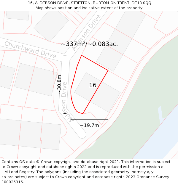 16, ALDERSON DRIVE, STRETTON, BURTON-ON-TRENT, DE13 0QQ: Plot and title map