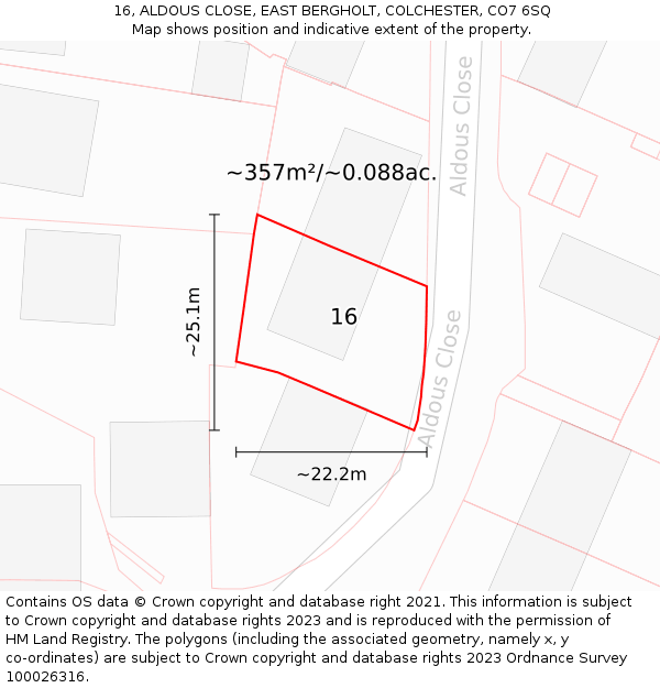 16, ALDOUS CLOSE, EAST BERGHOLT, COLCHESTER, CO7 6SQ: Plot and title map