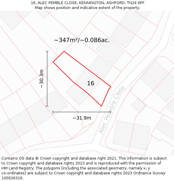 16, ALEC PEMBLE CLOSE, KENNINGTON, ASHFORD, TN24 9PF: Plot and title map