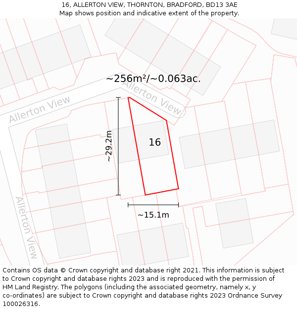 16, ALLERTON VIEW, THORNTON, BRADFORD, BD13 3AE: Plot and title map