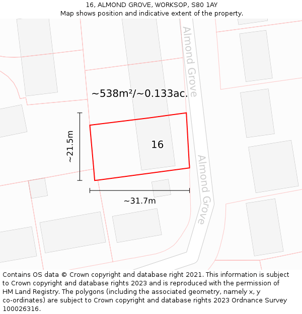 16, ALMOND GROVE, WORKSOP, S80 1AY: Plot and title map
