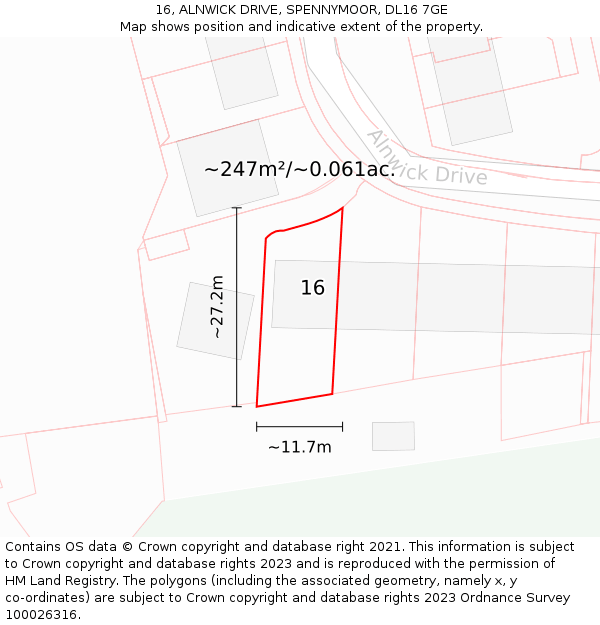 16, ALNWICK DRIVE, SPENNYMOOR, DL16 7GE: Plot and title map