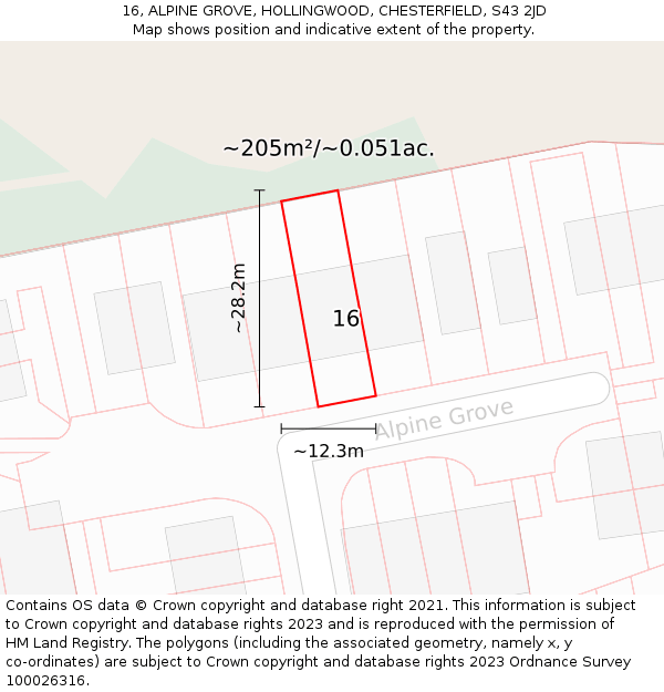 16, ALPINE GROVE, HOLLINGWOOD, CHESTERFIELD, S43 2JD: Plot and title map