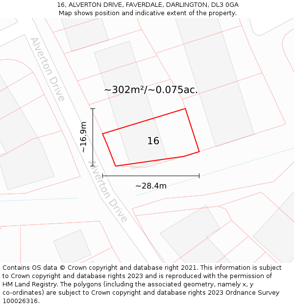 16, ALVERTON DRIVE, FAVERDALE, DARLINGTON, DL3 0GA: Plot and title map