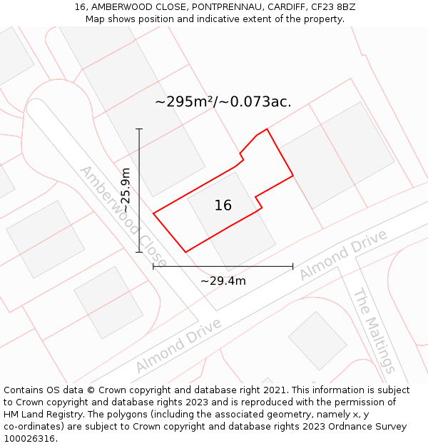 16, AMBERWOOD CLOSE, PONTPRENNAU, CARDIFF, CF23 8BZ: Plot and title map