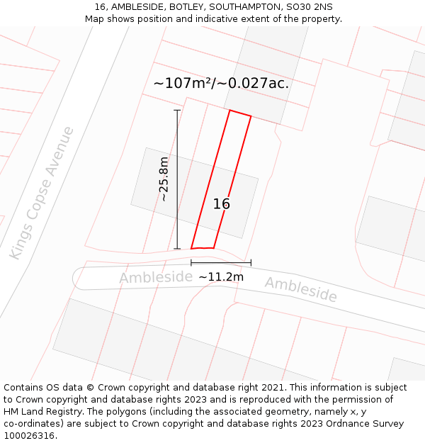 16, AMBLESIDE, BOTLEY, SOUTHAMPTON, SO30 2NS: Plot and title map