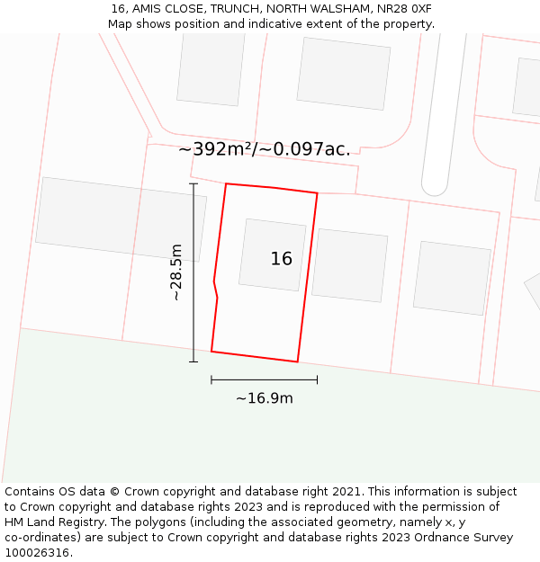 16, AMIS CLOSE, TRUNCH, NORTH WALSHAM, NR28 0XF: Plot and title map