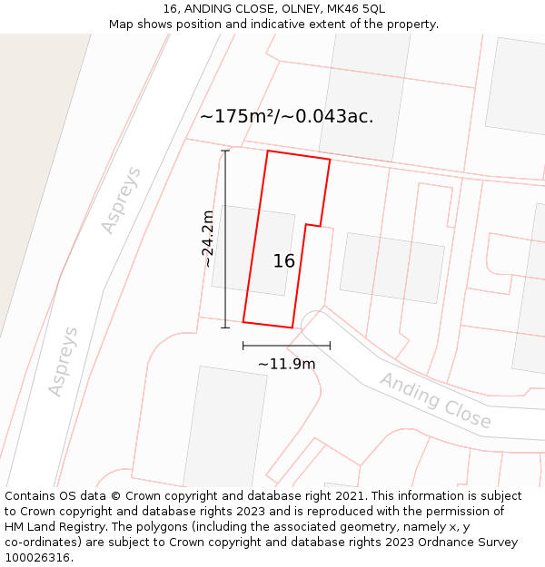 16, ANDING CLOSE, OLNEY, MK46 5QL: Plot and title map