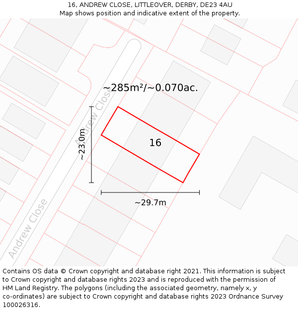 16, ANDREW CLOSE, LITTLEOVER, DERBY, DE23 4AU: Plot and title map