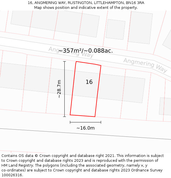 16, ANGMERING WAY, RUSTINGTON, LITTLEHAMPTON, BN16 3RA: Plot and title map