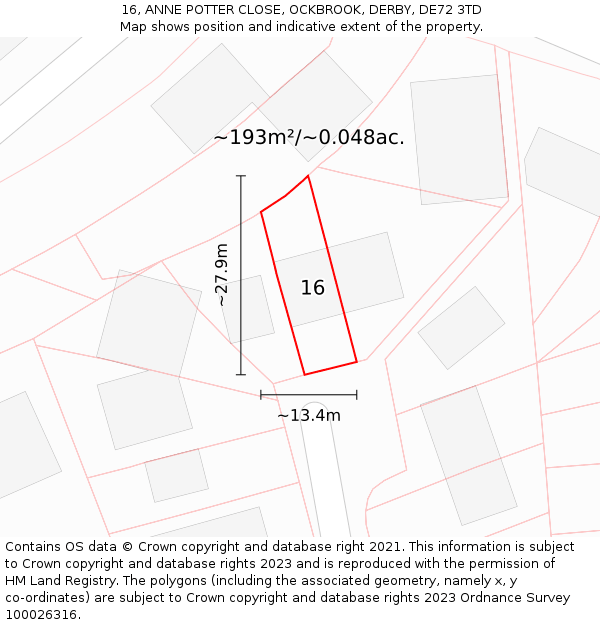 16, ANNE POTTER CLOSE, OCKBROOK, DERBY, DE72 3TD: Plot and title map