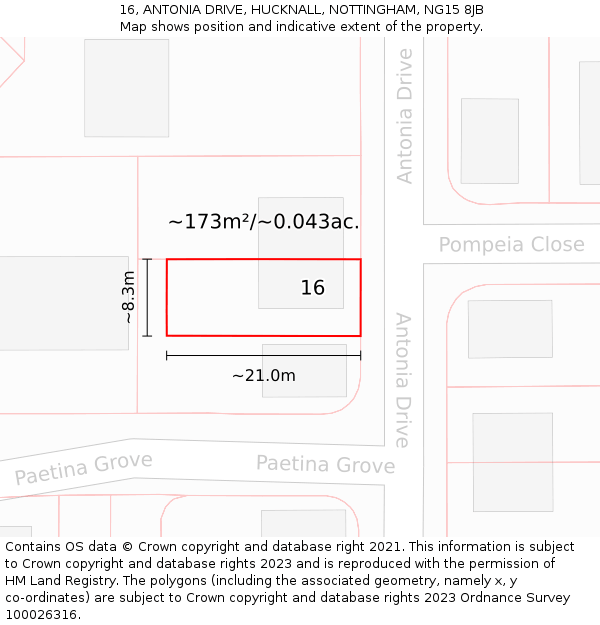 16, ANTONIA DRIVE, HUCKNALL, NOTTINGHAM, NG15 8JB: Plot and title map