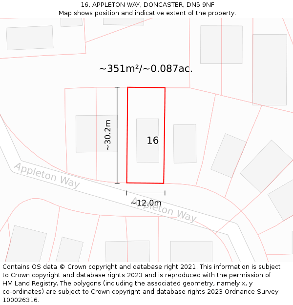 16, APPLETON WAY, DONCASTER, DN5 9NF: Plot and title map