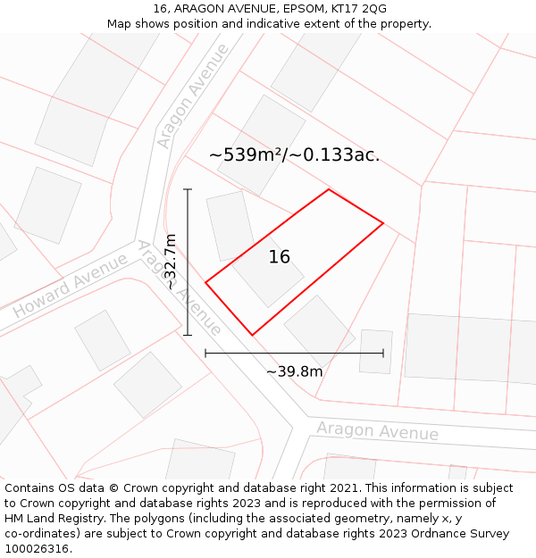 16, ARAGON AVENUE, EPSOM, KT17 2QG: Plot and title map