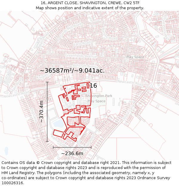 16, ARGENT CLOSE, SHAVINGTON, CREWE, CW2 5TF: Plot and title map