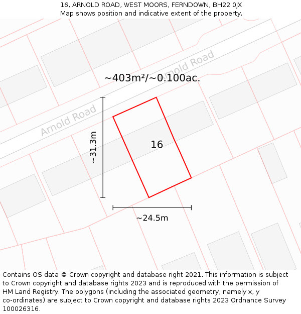 16, ARNOLD ROAD, WEST MOORS, FERNDOWN, BH22 0JX: Plot and title map