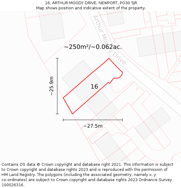 16, ARTHUR MOODY DRIVE, NEWPORT, PO30 5JR: Plot and title map
