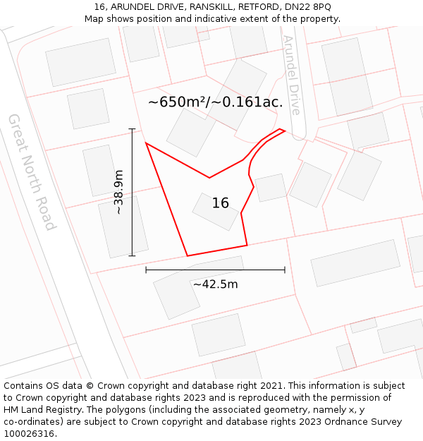 16, ARUNDEL DRIVE, RANSKILL, RETFORD, DN22 8PQ: Plot and title map