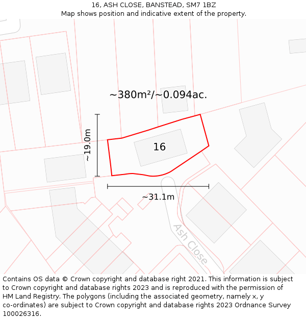 16, ASH CLOSE, BANSTEAD, SM7 1BZ: Plot and title map
