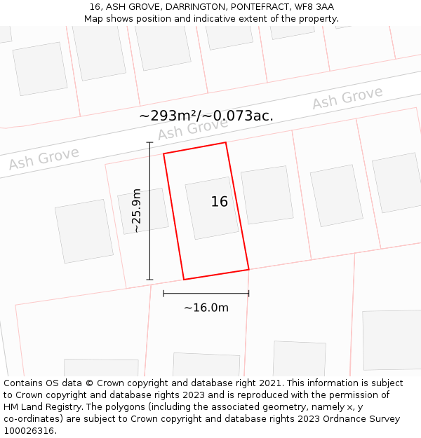 16, ASH GROVE, DARRINGTON, PONTEFRACT, WF8 3AA: Plot and title map