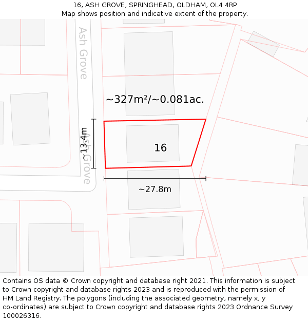 16, ASH GROVE, SPRINGHEAD, OLDHAM, OL4 4RP: Plot and title map