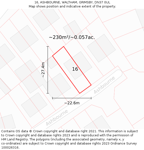 16, ASHBOURNE, WALTHAM, GRIMSBY, DN37 0UL: Plot and title map