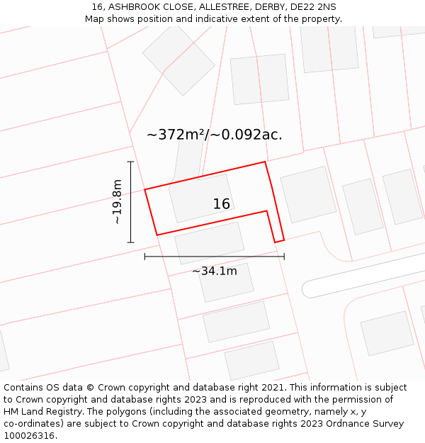 16, ASHBROOK CLOSE, ALLESTREE, DERBY, DE22 2NS: Plot and title map