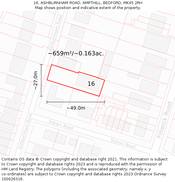 16, ASHBURNHAM ROAD, AMPTHILL, BEDFORD, MK45 2RH: Plot and title map