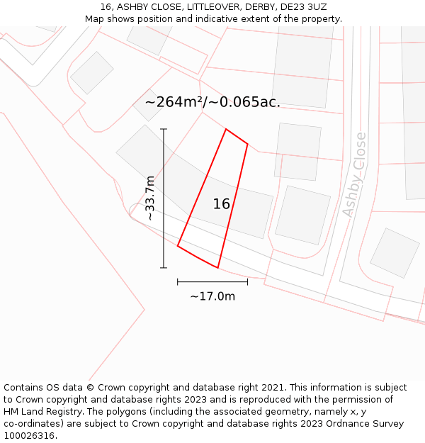 16, ASHBY CLOSE, LITTLEOVER, DERBY, DE23 3UZ: Plot and title map