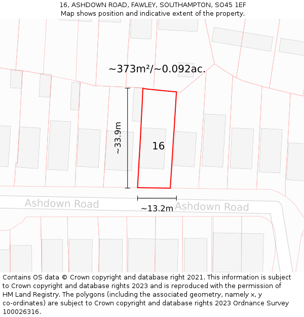 16, ASHDOWN ROAD, FAWLEY, SOUTHAMPTON, SO45 1EF: Plot and title map