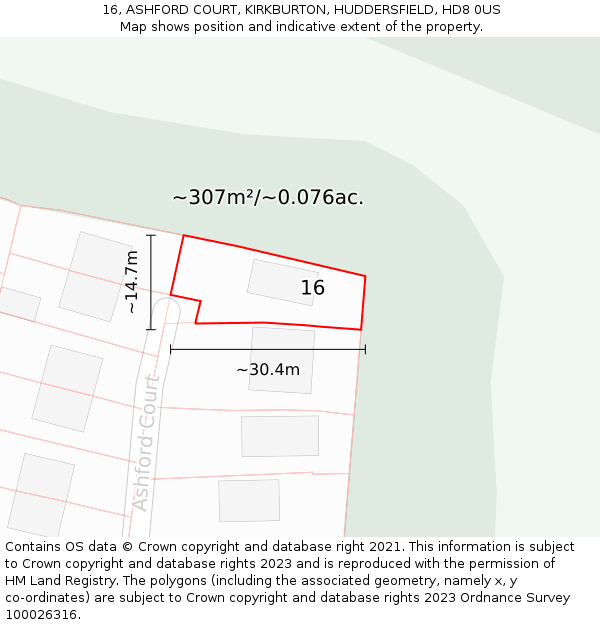 16, ASHFORD COURT, KIRKBURTON, HUDDERSFIELD, HD8 0US: Plot and title map